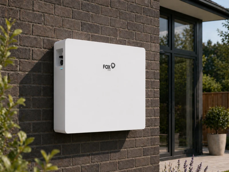 Fox ESS EP12 battery mounted on an exterior brick wall